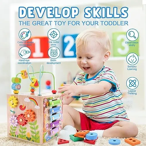 Wooden Activity Cube | Montessori Toys for 1 2 3 Year Old Toddlers | One Year Old 1st First Birthday Gift | Educational Toys for 12  Months Baby Boys Girls | Bonus Sorting & Stacking Game (Pink)