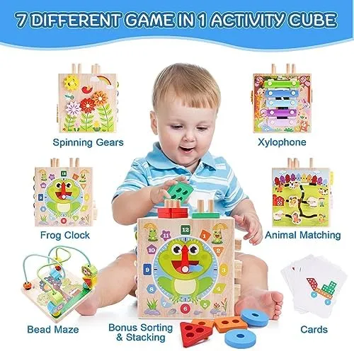 Wooden Activity Cube | Montessori Toys for 1 2 3 Year Old Toddlers | One Year Old 1st First Birthday Gift | Educational Toys for 12  Months Baby Boys Girls | Bonus Sorting & Stacking Game (Pink)