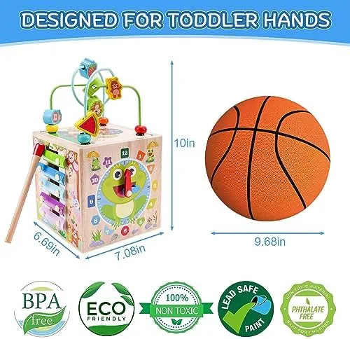 Wooden Activity Cube | Montessori Toys for 1 2 3 Year Old Toddlers | One Year Old 1st First Birthday Gift | Educational Toys for 12  Months Baby Boys Girls | Bonus Sorting & Stacking Game (Pink)