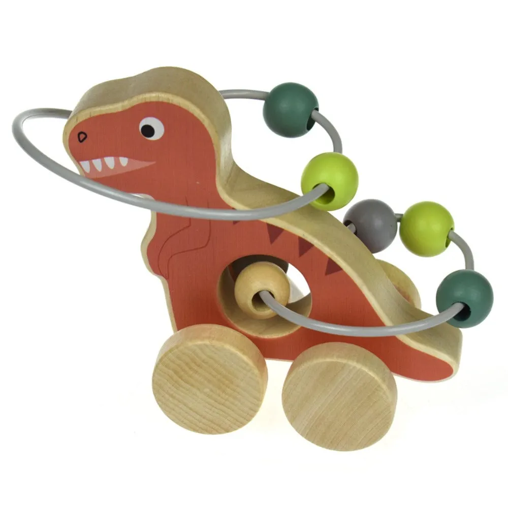 Wooden Dinosaur Pull Toy With Bead Maze - T Rex