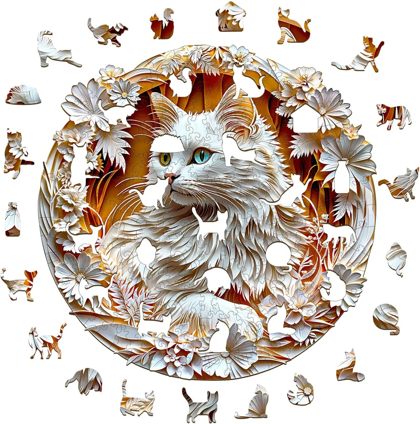 Wooden Puzzle for Adults-3D Visual Effect White Cat Wooden Puzzle Unique Shape Advanced Wooden Jigsaw Puzzle for Adult, Best Birthday Gifts,Halloween Challenge Craft (S-8.5 * 8.4in-100pcs)
