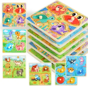 Wooden Toddler Puzzles, Montessori Toys Peg Puzzles for Toddlers 3-5, Toddler Learning Educational Toys Kids Puzzle -Dinosaur, Farm, Farm Animals, Sea Animals, Fruit, Baby Puzzle Gift for Boys Girls