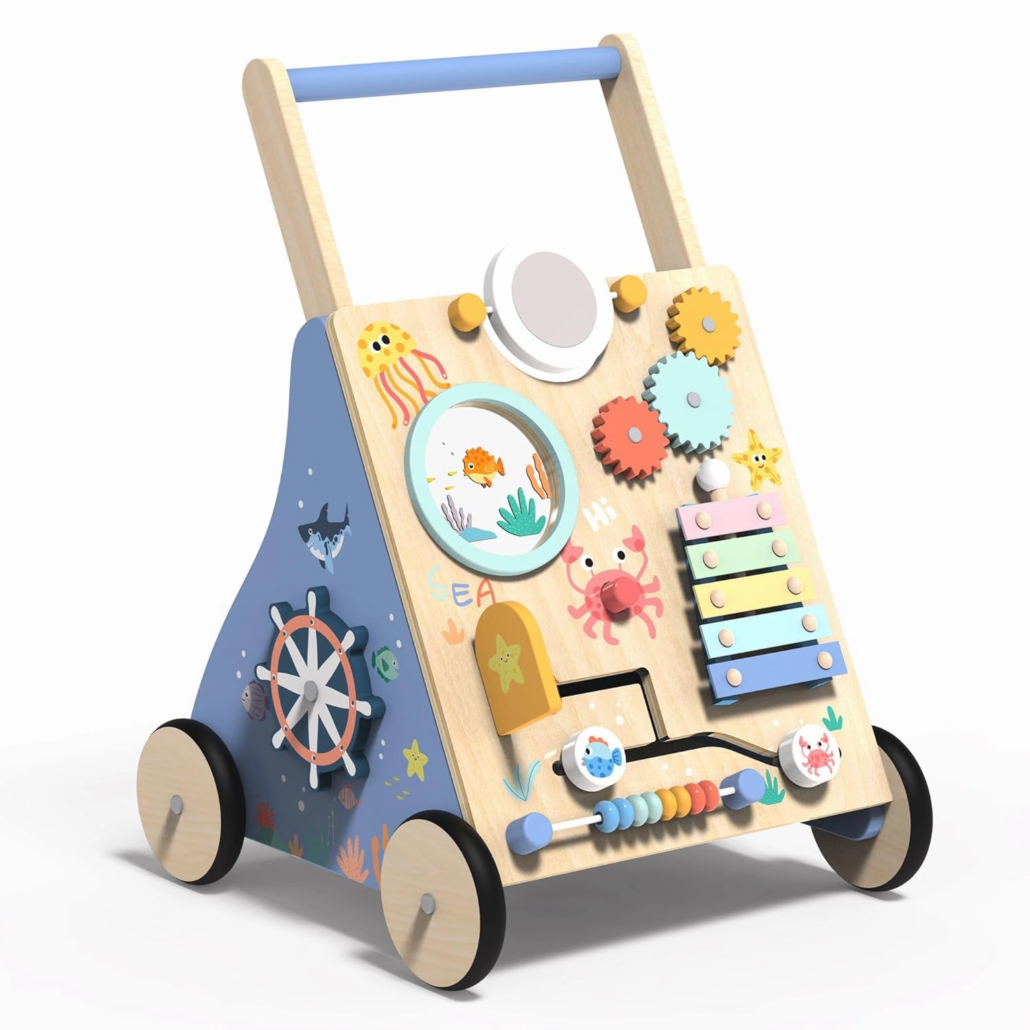 Wooden Baby Walker with Activity Center, Montessori Push Walker Toy for Babies 18 Months , Sit to Stand Walker with Wheels for Boys & Girls, Infants to Toddler