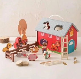 Wooden Farm Animal Playset, Includes Barn, Fence, Animals, and Accessories, 20 Pieces