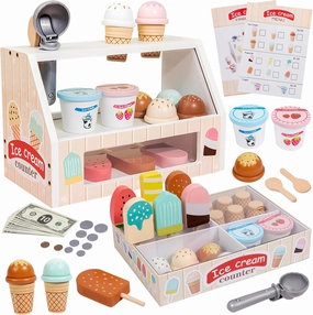 Wooden Ice Cream Set Counter Toy for Toddlers, Wooden Play Food Kitchen Accessories, Pretend Play Ice Cream Shop Toys for Kids Ages 3 , Play Store with Fake Money & Coin