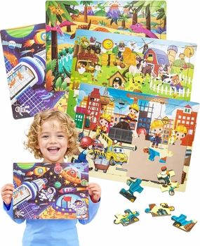 Wooden Puzzles for Kids Ages 3-5, 4 Packs 24 PCS Jigsaw Puzzles Ages 4-6, Dinosaur Vehicle Space Preschool Educational Toys Gift for Toddlers 3-6, Wood Puzzle for Boys Girls 3 4 5 6 Year Old