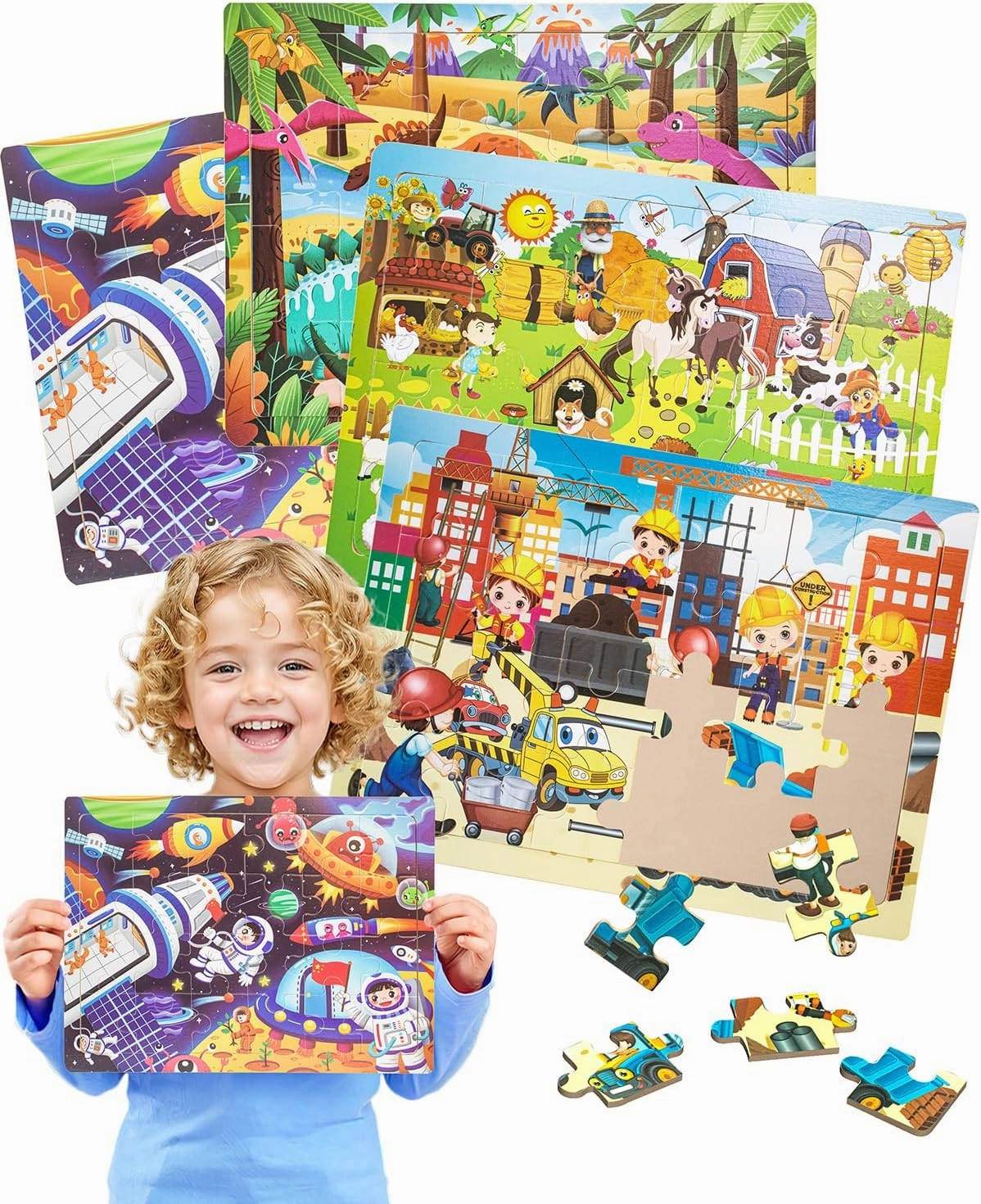 Wooden Puzzles for Kids Ages 3-5, 4 Packs 24 PCS Jigsaw Puzzles Ages 4-6, Dinosaur Vehicle Space Preschool Educational Toys Gift for Toddlers 3-6, Wood Puzzle for Boys Girls 3 4 5 6 Year Old