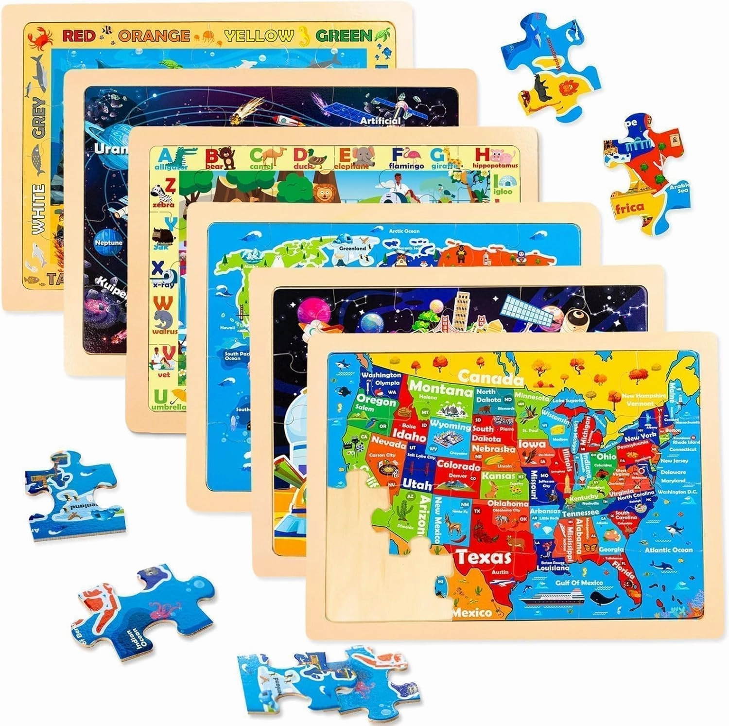 Wooden Puzzles for Kids Ages 6 8, 6 Packs 24Pcs Solar System Wooden States World Map Toddler Puzzles Ages 4 6, Preschool Educational Brain Toys Gifts for Boys and Girls 2 4 Year Old