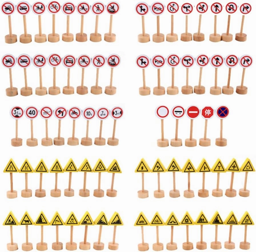 Wooden Road Construction Traffic Sign: 50pcs Toy Street Signs Small Toy Cars and Other Diecast Vehicles Wood Cars Toys Traffic Signs Toys