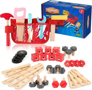 WORKPRO Wooden Building Toy Tools Set, 43 Pcs Building Toy Set Creative&Educational Construction Toy, Great Gift for Toddlers 3 
