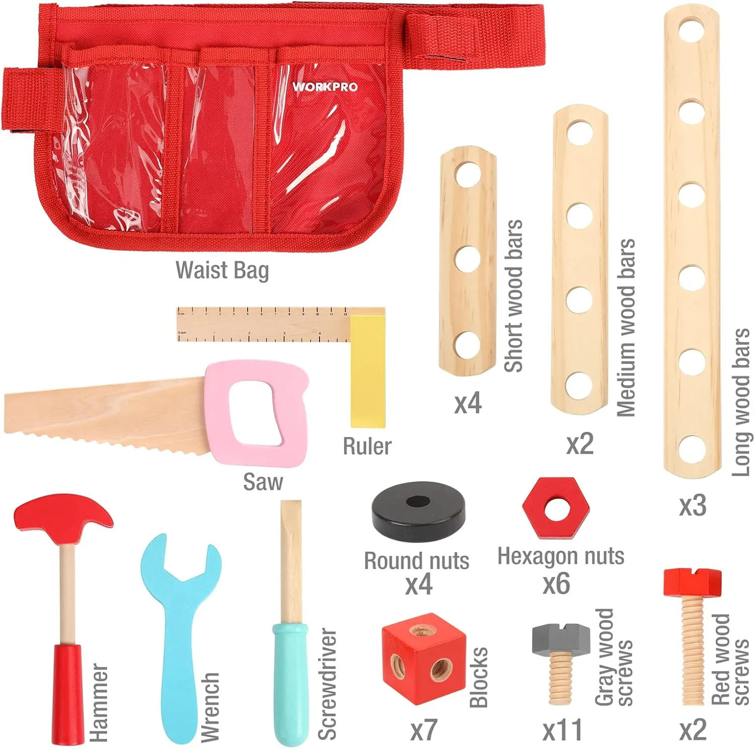 WORKPRO Wooden Building Toy Tools Set, 43 Pcs Building Toy Set Creative&Educational Construction Toy, Great Gift for Toddlers 3 