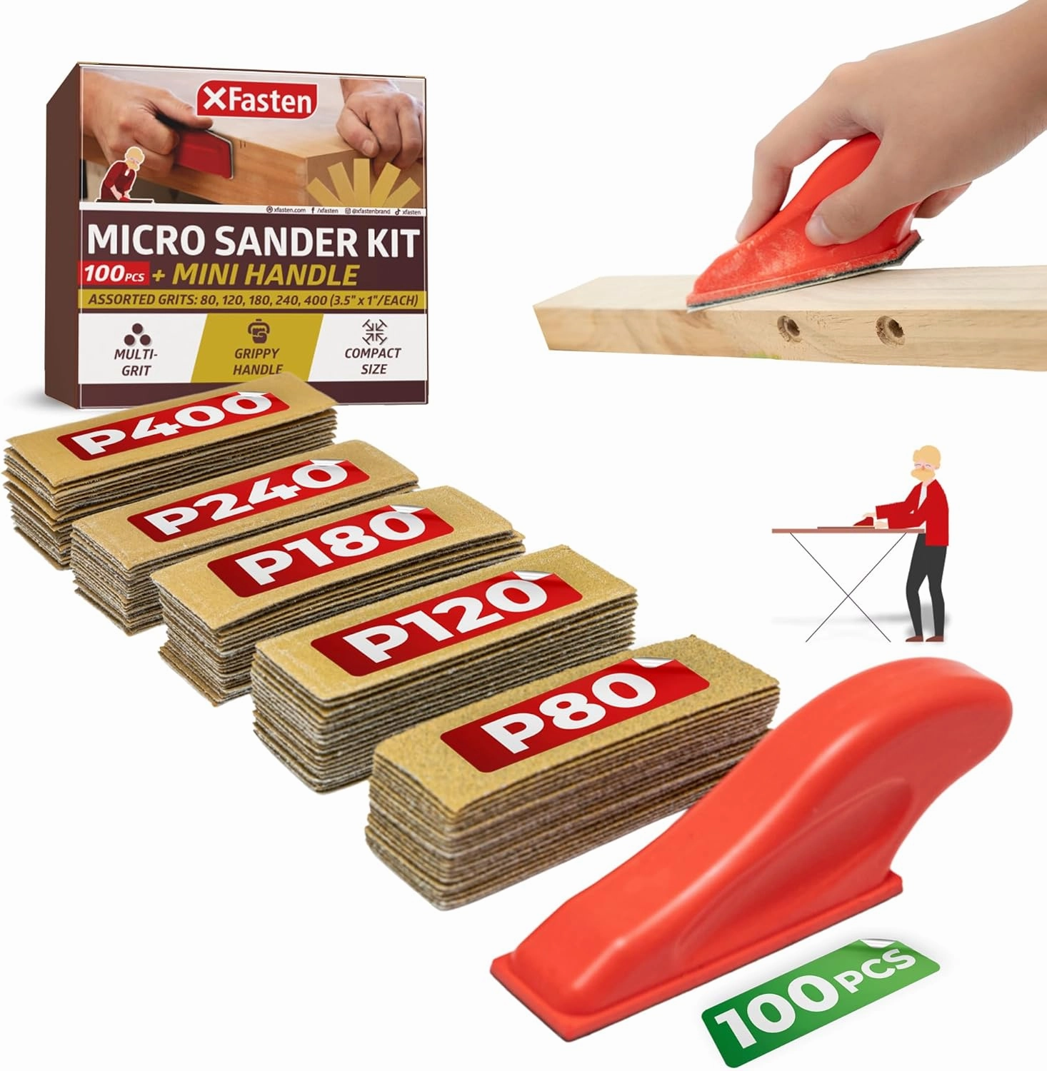 XFasten Micro Sander Kit 3.5” x 1” Mini Detail Sander Sandpaper Kit 80 120 180 240 400 Grit 100 PCS Sand Paper for Wood Furniture, Woodworking and Small Projects