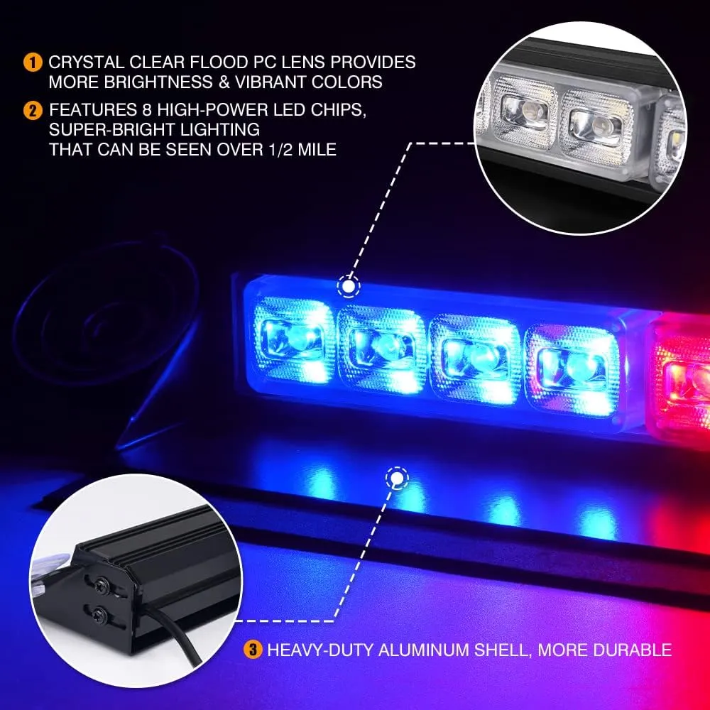 Xprite Windshield Dash Strobe Flashing Light Aluminum w/Suction Cups, Red&Blue LED Deck Visor Hazard Warning Police Federal Signal Lights for Emergency Law Enforcement POV Vehicles Volunteer Truck