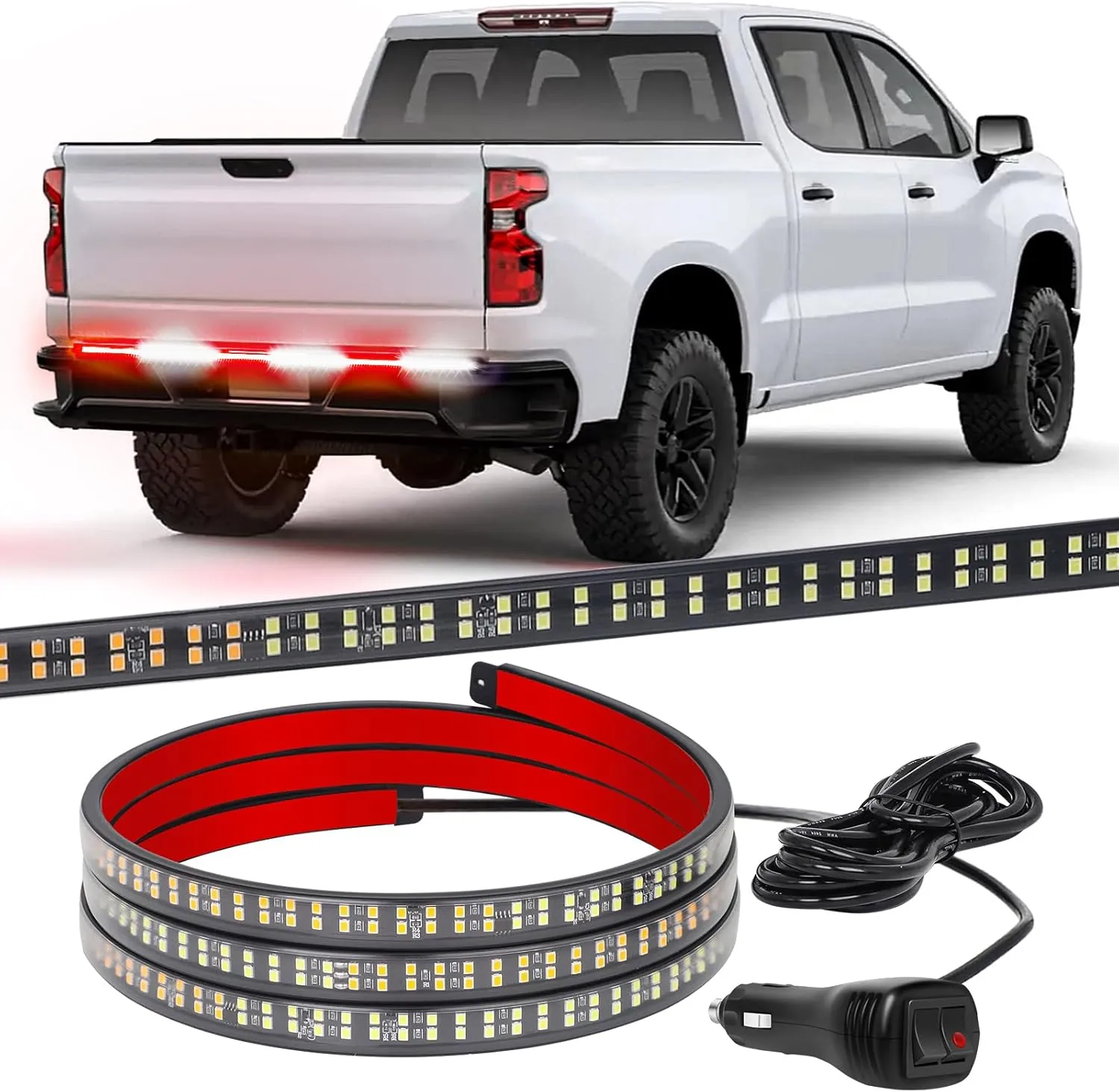 XRIDONSEN 48 inch Truck Tailgate Emergency Lights Strip Rear Window Lights 288 LED Tail Strobe Lights Red White Firefighter Lights Flashing Warning Hazard Safety Lights for Vehicles Trucks Pickup POV