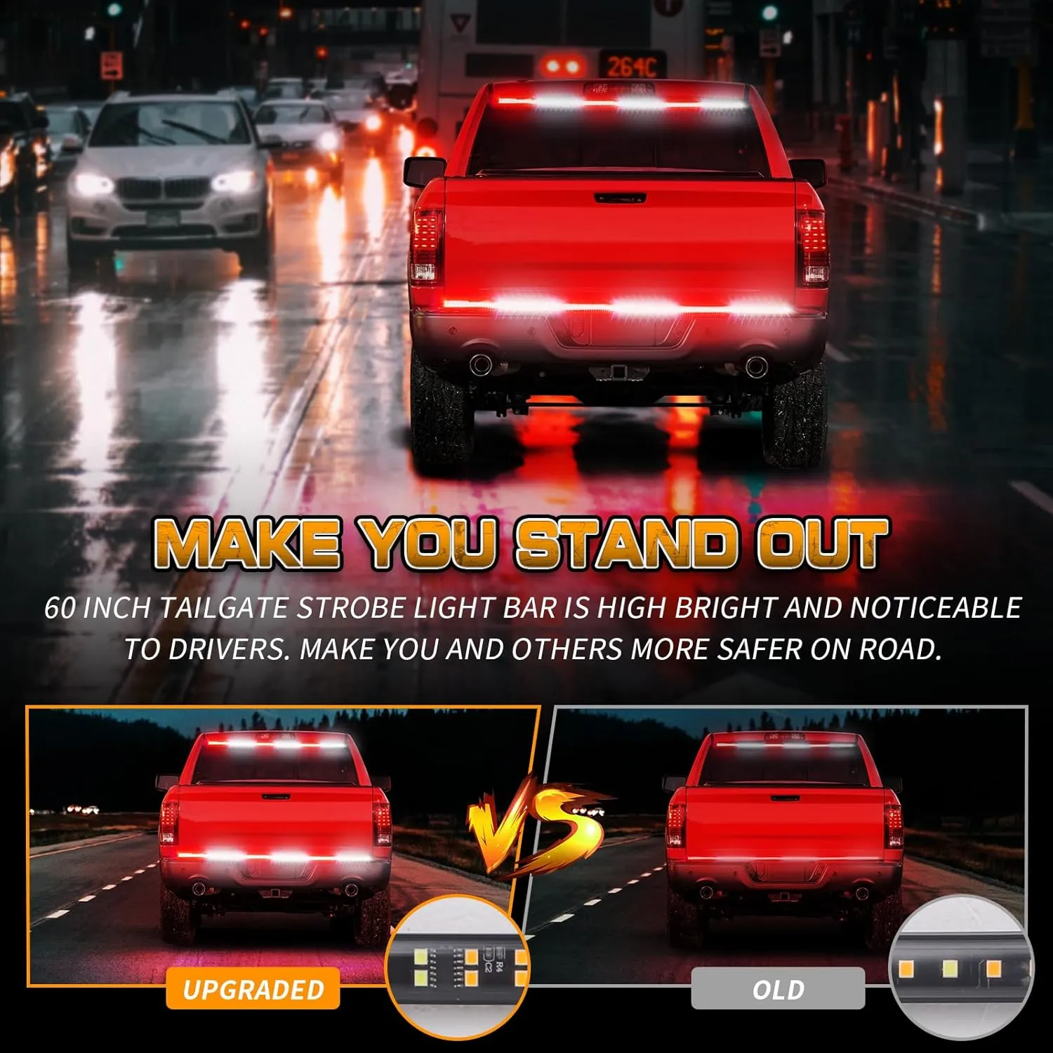 XRIDONSEN 48 inch Truck Tailgate Emergency Lights Strip Rear Window Lights 288 LED Tail Strobe Lights Red White Firefighter Lights Flashing Warning Hazard Safety Lights for Vehicles Trucks Pickup POV