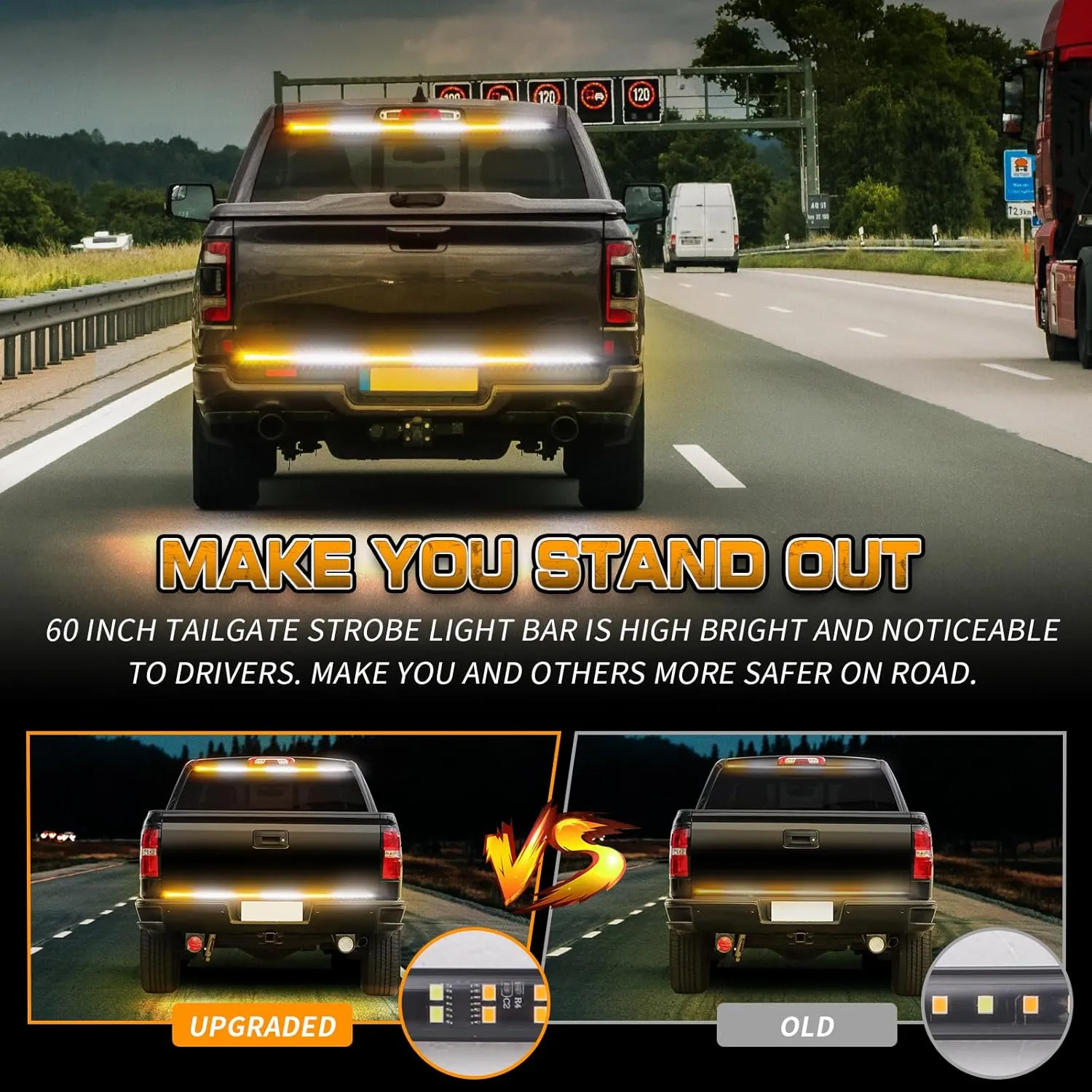 XRIDONSEN 48 inch Truck Tailgate Strobe Lights Strip Rear Window Lights 288 LED Tail Emergency Light Bar Amber White Flashing Warning Hazard Safety for Plow Trucks Construction Vehicles Pickup Trailer