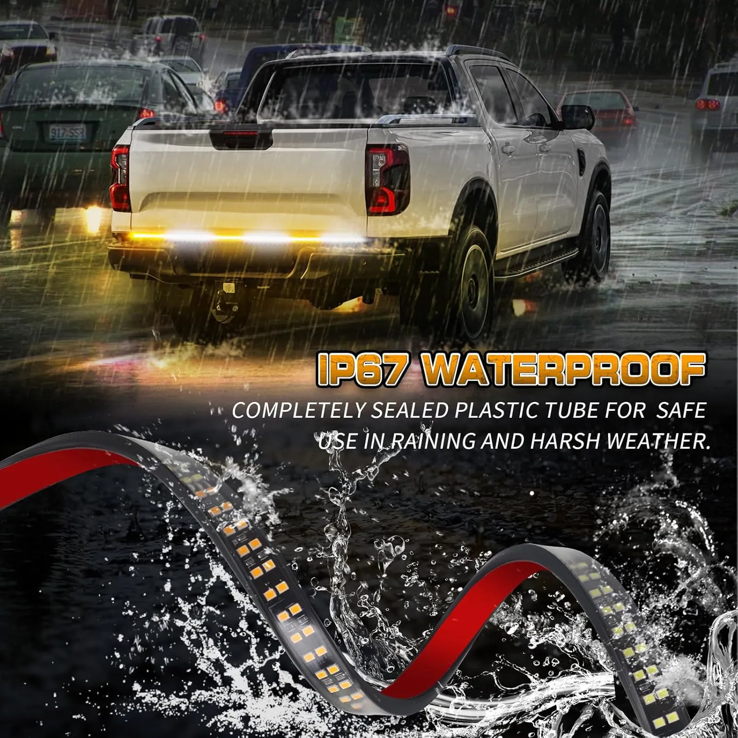 XRIDONSEN 48 inch Truck Tailgate Strobe Lights Strip Rear Window Lights 288 LED Tail Emergency Light Bar Amber White Flashing Warning Hazard Safety for Plow Trucks Construction Vehicles Pickup Trailer
