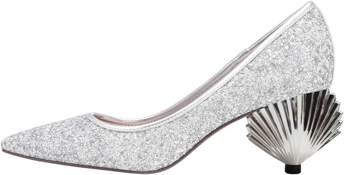 XYD Women Sparkly Glitter Closed Pointed Toe Slip On Pumps Mid Scallop Shape Heel Elegant Party Ballroom Cocktail Dressy Shoes