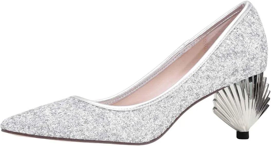 XYD Women Sparkly Glitter Closed Pointed Toe Slip On Pumps Mid Scallop Shape Heel Elegant Party Ballroom Cocktail Dressy Shoes