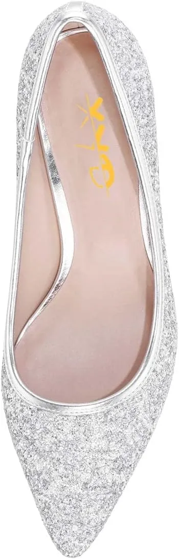 XYD Women Sparkly Glitter Closed Pointed Toe Slip On Pumps Mid Scallop Shape Heel Elegant Party Ballroom Cocktail Dressy Shoes
