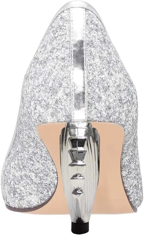 XYD Women Sparkly Glitter Closed Pointed Toe Slip On Pumps Mid Scallop Shape Heel Elegant Party Ballroom Cocktail Dressy Shoes