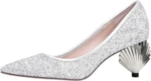 XYD Women Sparkly Glitter Closed Pointed Toe Slip On Pumps Mid Scallop Shape Heel Elegant Party Ballroom Cocktail Dressy Shoes