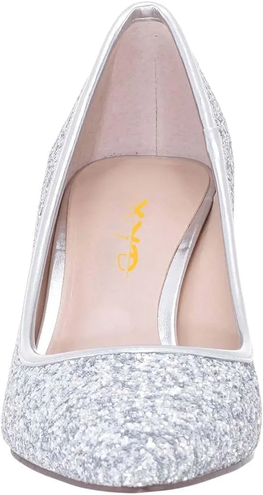 XYD Women Sparkly Glitter Closed Pointed Toe Slip On Pumps Mid Scallop Shape Heel Elegant Party Ballroom Cocktail Dressy Shoes