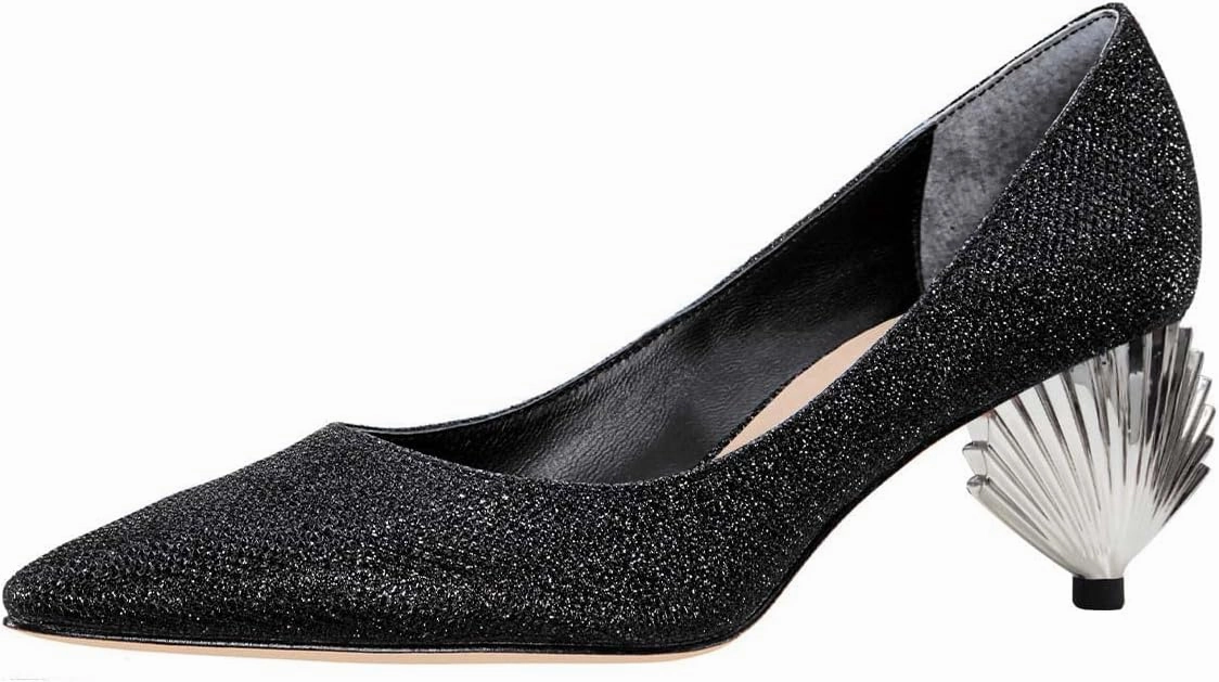 XYD Women Closed Pointy Toe Mid Scallop Shape Heel Pumps Slip On Dressy Cocktail Evening Party Event Shoes