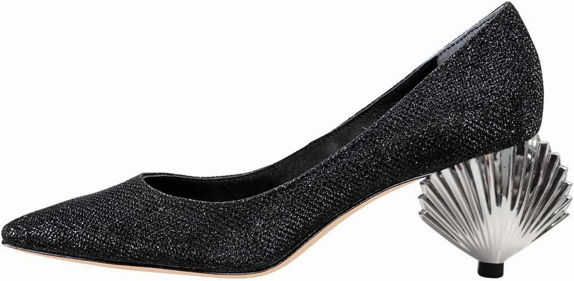 XYD Women Closed Pointy Toe Mid Scallop Shape Heel Pumps Slip On Dressy Cocktail Evening Party Event Shoes