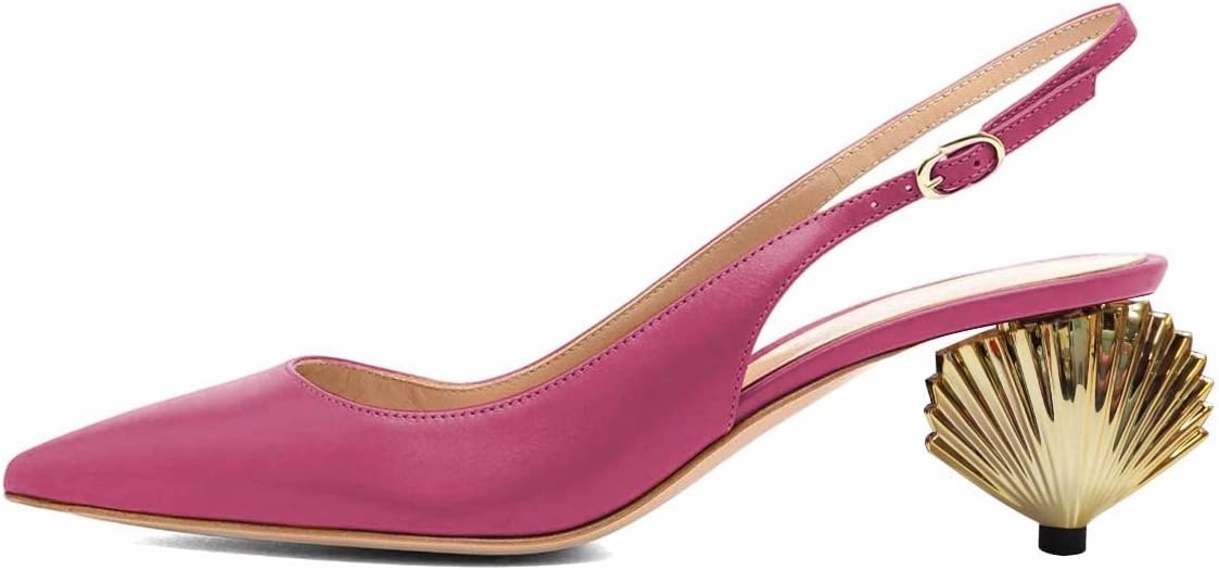 XYD Women Mid Scallop Shape Heel Slingback Buckled Closed Pointed Toe Pumps Pull On Party Event Club Dressy Shoes
