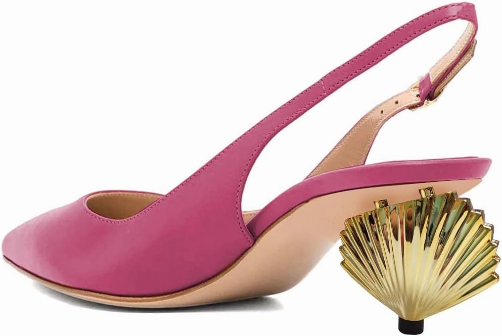 XYD Women Mid Scallop Shape Heel Slingback Buckled Closed Pointed Toe Pumps Pull On Party Event Club Dressy Shoes
