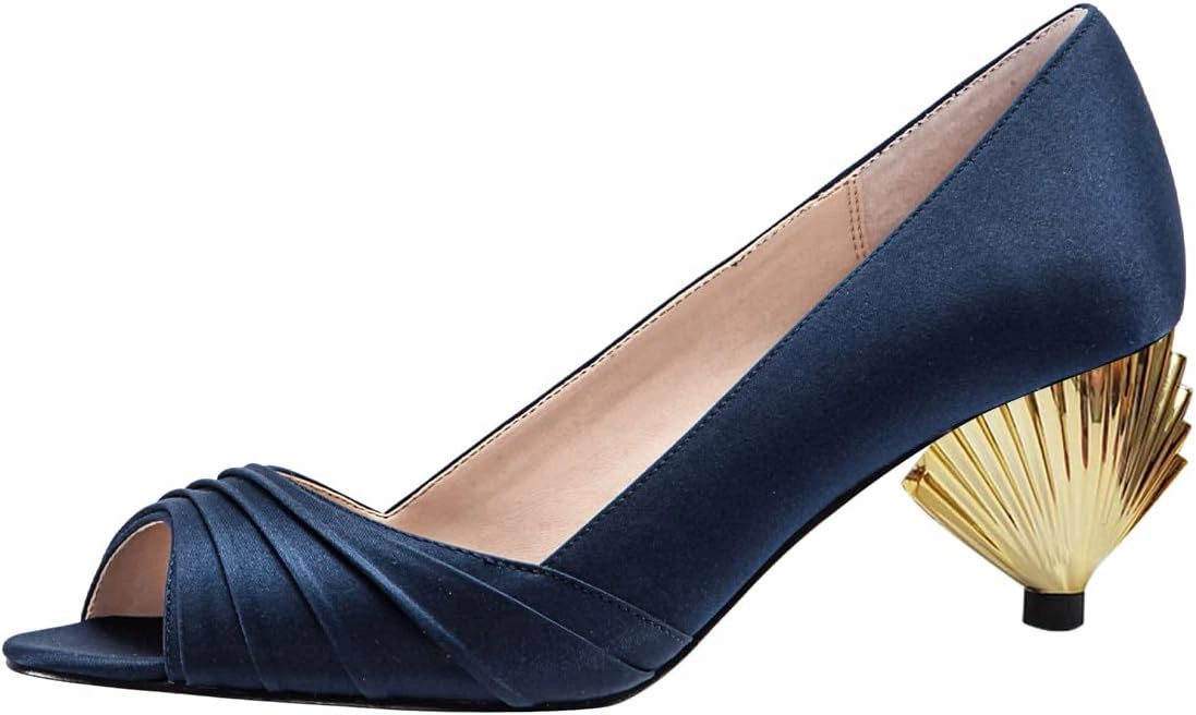 XYD Women Peep Toe Mid Scallop Shape Heel Slip On Pumps Comfortable Walking Dressy Party Event Shoes