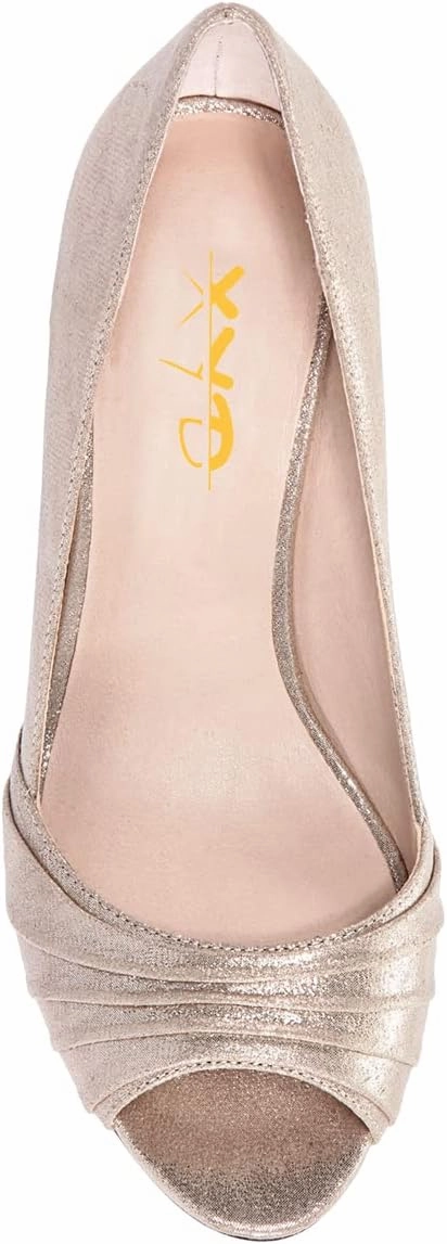 XYD Women Peep Toe Mid Scallop Shape Heel Slip On Pumps Comfortable Walking Dressy Party Event Shoes