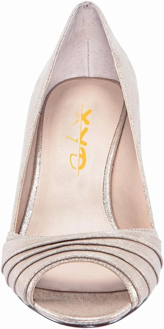 XYD Women Peep Toe Mid Scallop Shape Heel Slip On Pumps Comfortable Walking Dressy Party Event Shoes