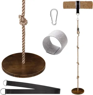Yangbaga Wooden Round Disc Rope Swing 51”-73” Adjustable Climbing Rope Tree Swing with Hanging Strap Snap Hook and Felt Protectors for Kids Outdoor Brown