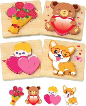 Yetonamr Valentines Wooden Puzzles Gifts for Kids, 4 Pack Toddler Valentines Day Toys for Boys Girls, Valentines Gifts for Kids Classroom, Montessori Toys Valentines Day Party Favors