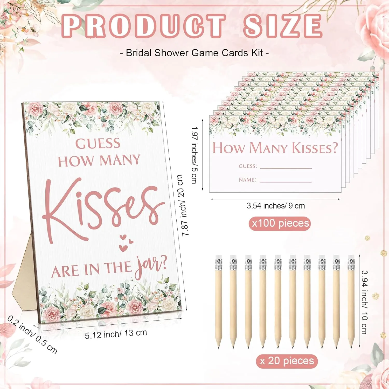Yousoontic 122 Pieces Guess How Many Kisses Bridal Shower Games Include 1 Bridal Shower Wooden Sign 100 Guessing Cards 20 HB Pencils 1 Game Jar for Guests Wedding Party(Flowers)