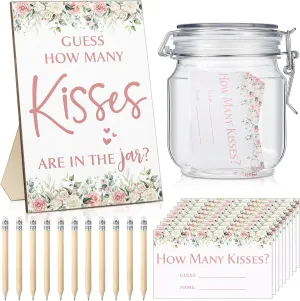 Yousoontic 122 Pieces Guess How Many Kisses Bridal Shower Games Include 1 Bridal Shower Wooden Sign 100 Guessing Cards 20 HB Pencils 1 Game Jar for Guests Wedding Party(Flowers)