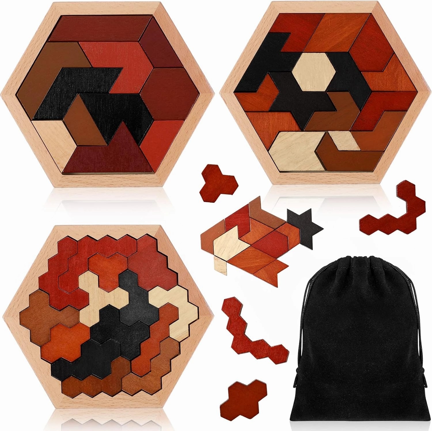 Yunsailing 3 Pack Hexagon Wooden Puzzle Wood Russian Blocks Tangram Puzzle Brain Teaser Puzzles Geometric Jigsaw Block Russian Blocks Logic IQ STEM Toy for All Ages Kid Adult(Vintage)
