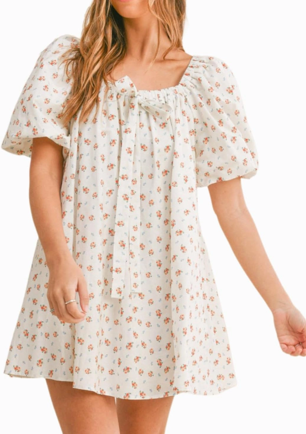 Zebaexf Women's Orange Floral Mini Dress: Cute Casual Dress with Square Neck, Puff Sleeve, High Waist, A-Line Silhouette