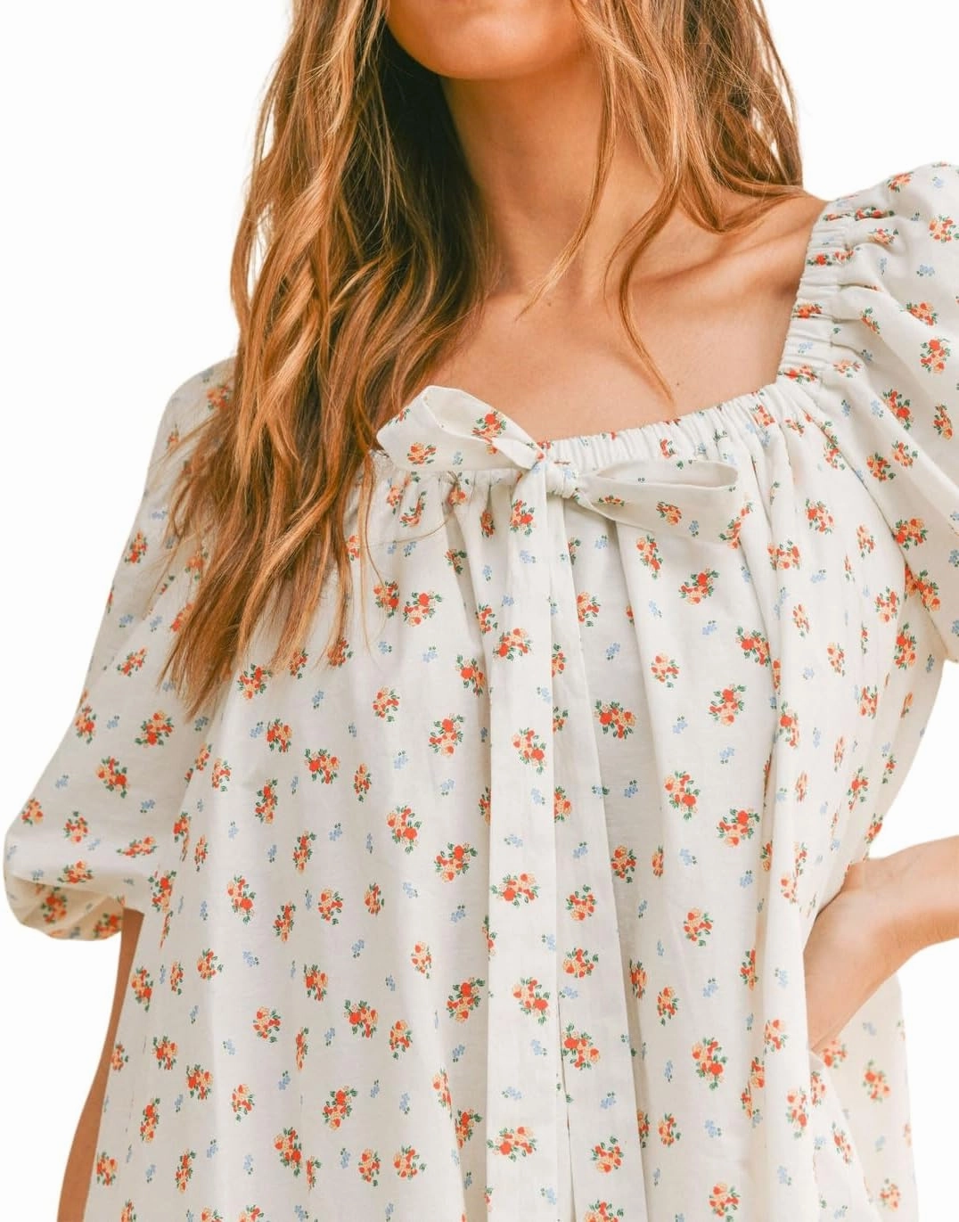 Zebaexf Women's Orange Floral Mini Dress: Cute Casual Dress with Square Neck, Puff Sleeve, High Waist, A-Line Silhouette