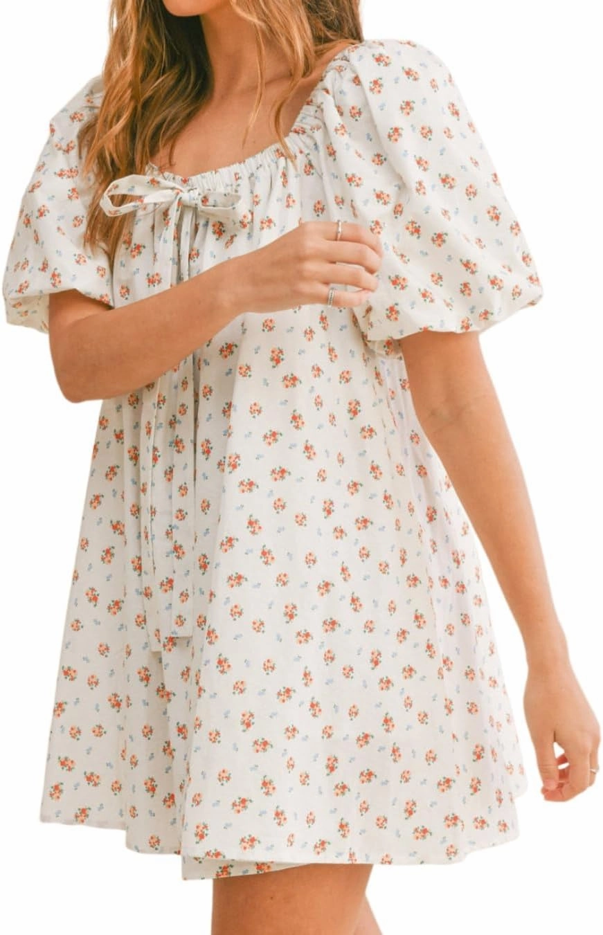 Zebaexf Women's Orange Floral Mini Dress: Cute Casual Dress with Square Neck, Puff Sleeve, High Waist, A-Line Silhouette