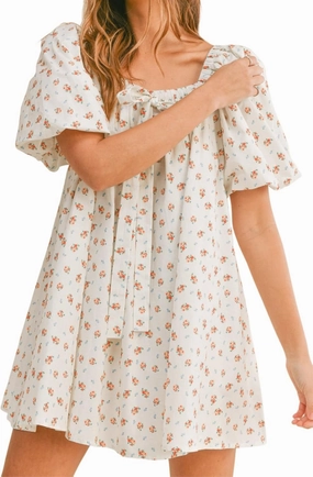 Zebaexf Women's Orange Floral Mini Dress: Cute Casual Dress with Square Neck, Puff Sleeve, High Waist, A-Line Silhouette