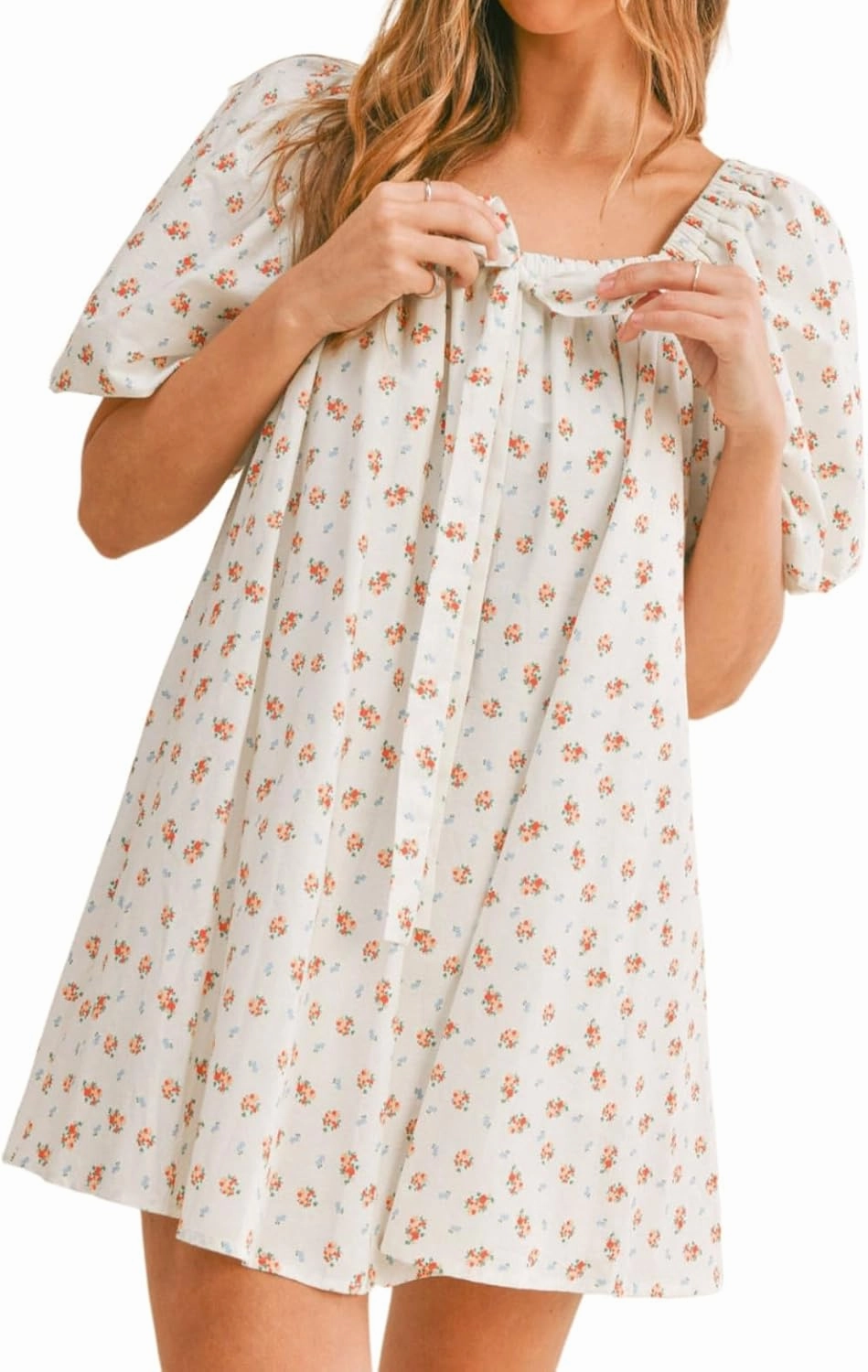 Zebaexf Women's Orange Floral Mini Dress: Cute Casual Dress with Square Neck, Puff Sleeve, High Waist, A-Line Silhouette