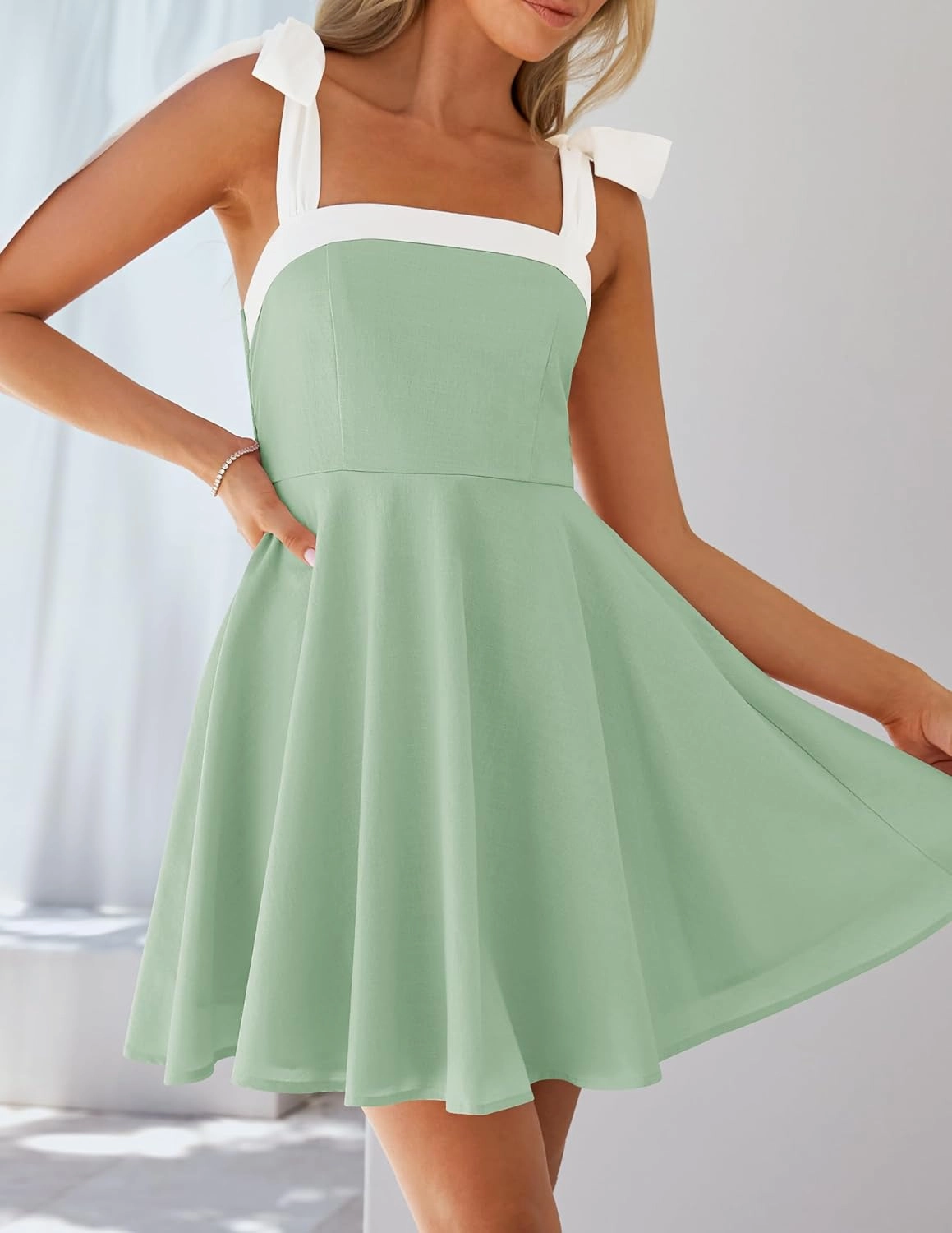 ZESICA Womens Summer Sleeveless Mini Dress Tie Shoulder Square Neck High Waist Swing A Line Short Sundresses