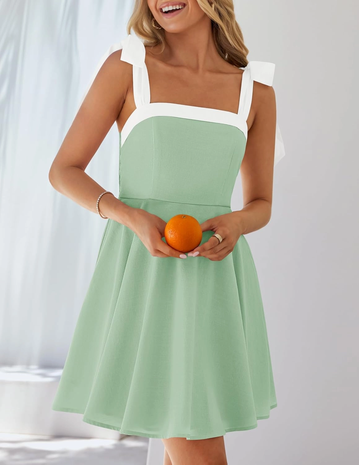 ZESICA Womens Summer Sleeveless Mini Dress Tie Shoulder Square Neck High Waist Swing A Line Short Sundresses