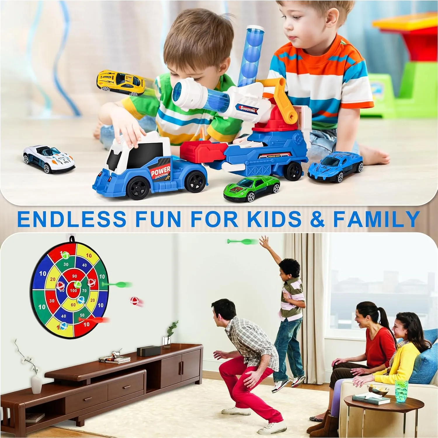 ZHFUYS 28" Truck Toys for Kids, Large Toys Car Include 8 Soft Foam Balls 3 Racing Cars,10 Sticky Balls 4 Darts, Eejection&Shooting Transport Car Toy, Great Gift for 3  Years Old Boys and Girls