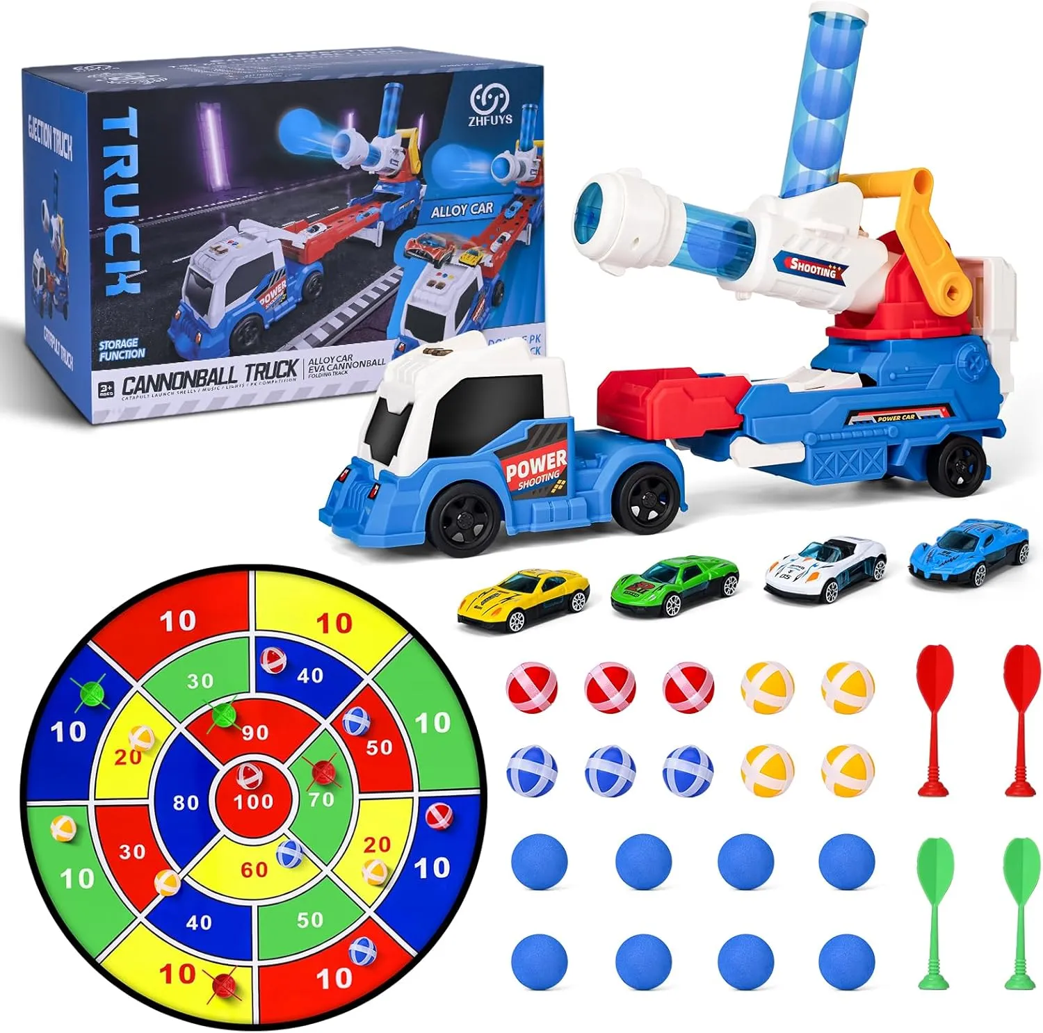 ZHFUYS 28" Truck Toys for Kids, Large Toys Car Include 8 Soft Foam Balls 3 Racing Cars,10 Sticky Balls 4 Darts, Eejection&Shooting Transport Car Toy, Great Gift for 3  Years Old Boys and Girls