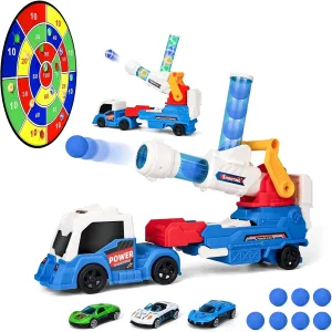 ZHFUYS 28" Truck Toys for Kids, Large Toys Car Include 8 Soft Foam Balls 3 Racing Cars,10 Sticky Balls 4 Darts, Eejection&Shooting Transport Car Toy, Great Gift for 3  Years Old Boys and Girls