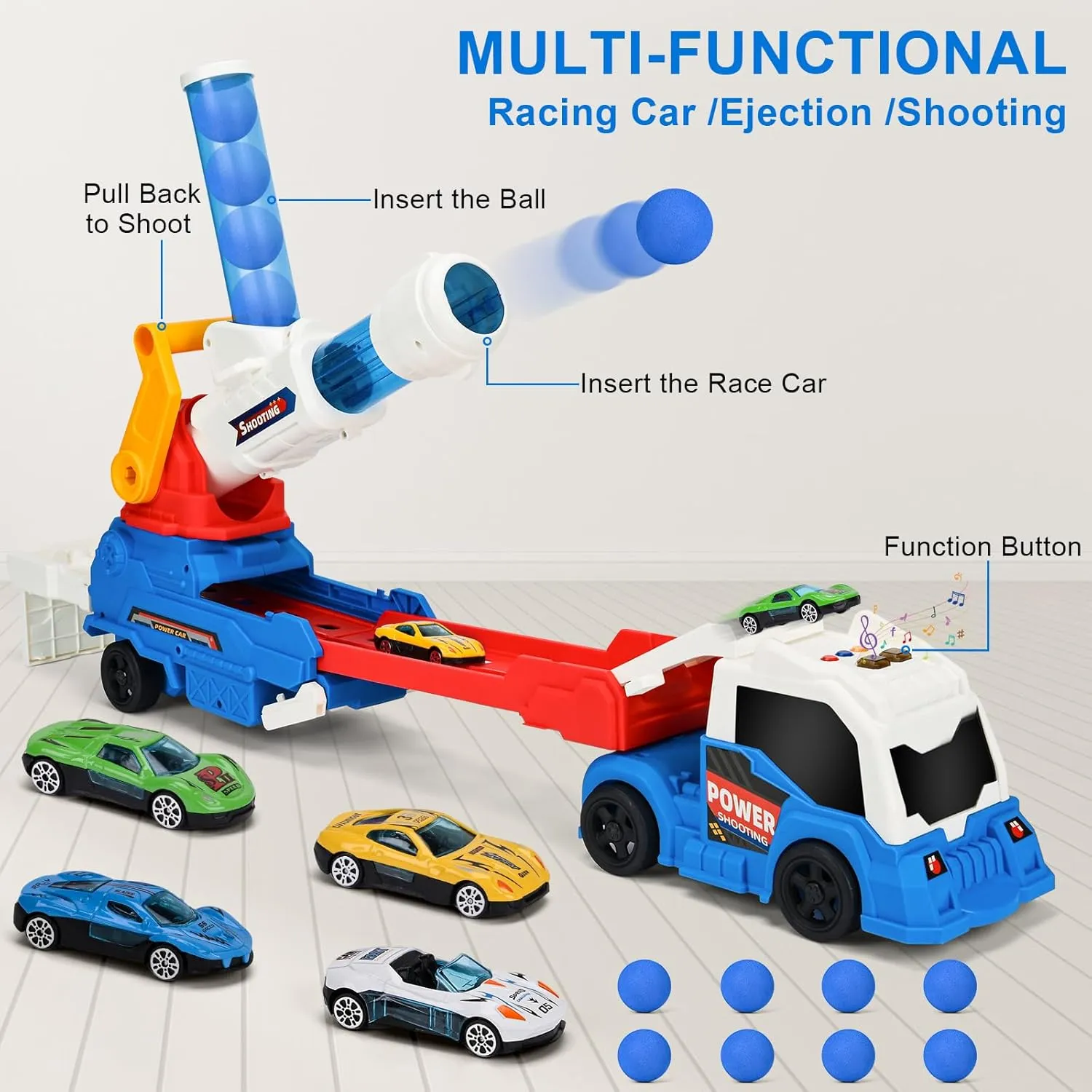 ZHFUYS 28" Truck Toys for Kids, Large Toys Car Include 8 Soft Foam Balls 3 Racing Cars,10 Sticky Balls 4 Darts, Eejection&Shooting Transport Car Toy, Great Gift for 3  Years Old Boys and Girls